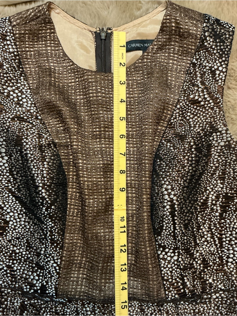 Carmen Marc Valvo Metallic Bronze Jacquard Cocktail Dress Size 6 Pleated Tulip - Picture 7 of 8